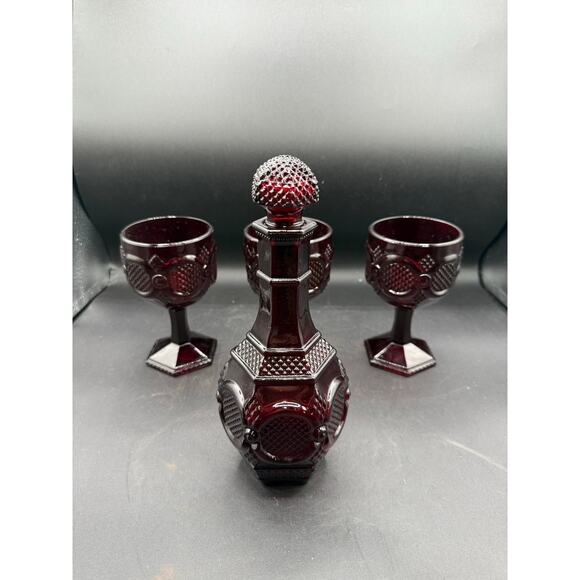 Vintage Avon Ruby Red 1876 Cape Cod 3 Wine Goblets w/Matching Decanter - Picture 1 of 8
